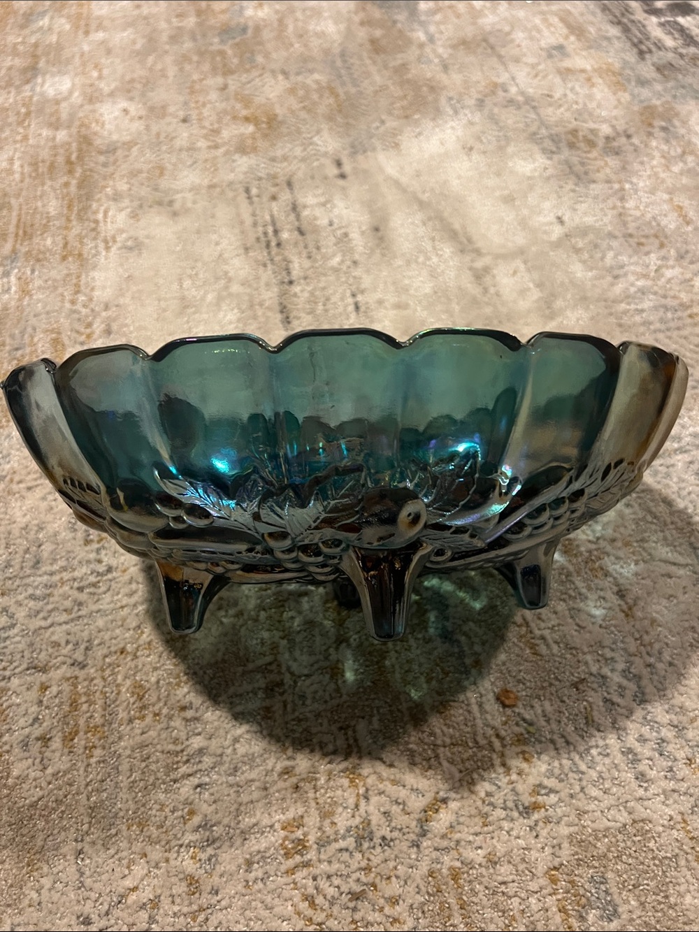 Indiana Glass Oval Iridescent Blue/Purple Carnival Glass Grape Footed Fruit Bowl